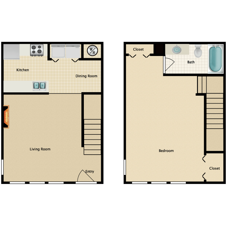 1 Bedroom 1 Bath Townhome Floor Plan 2